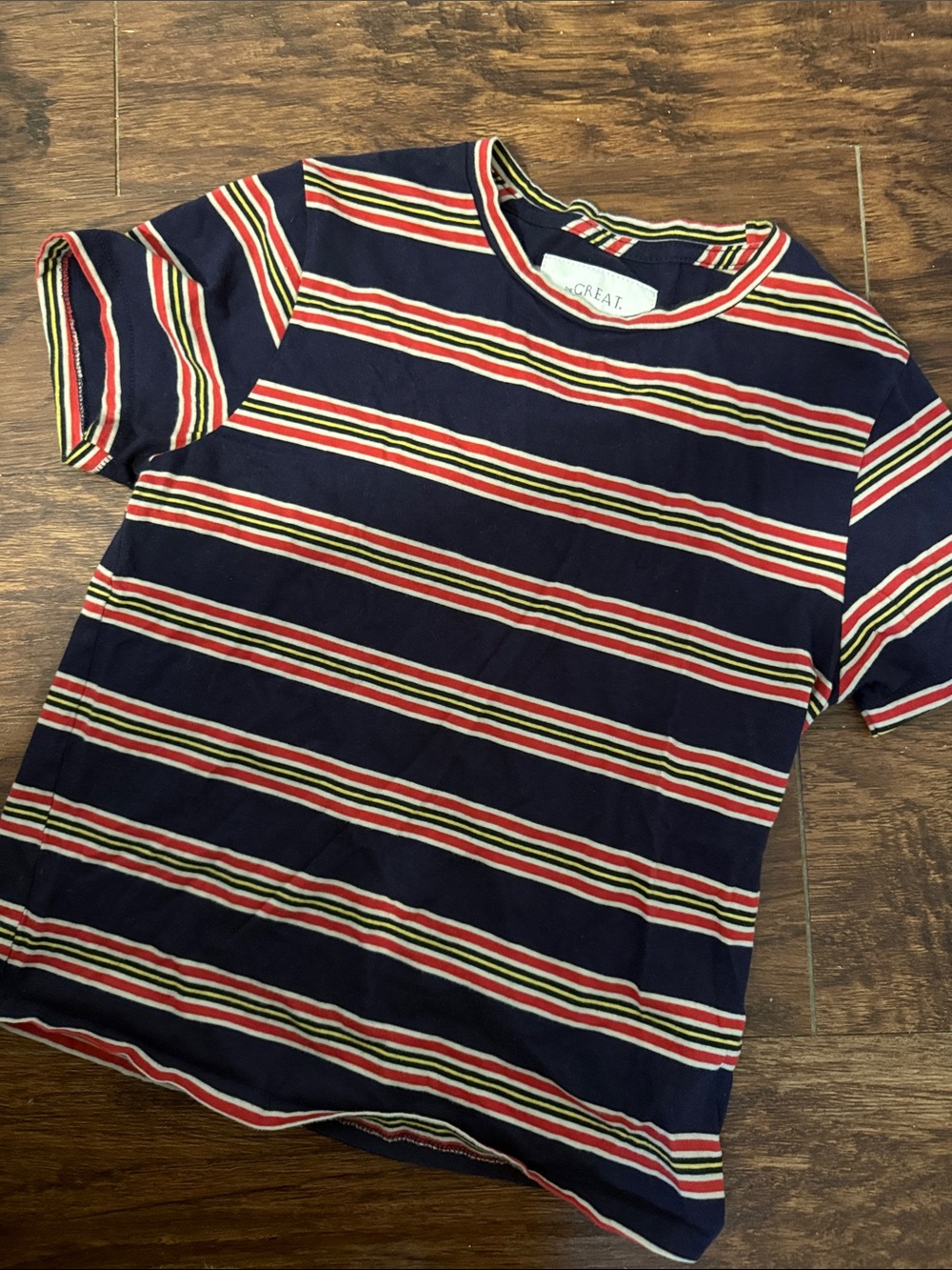 THE GREAT. Navy Striped Tee with Red, yellow & White